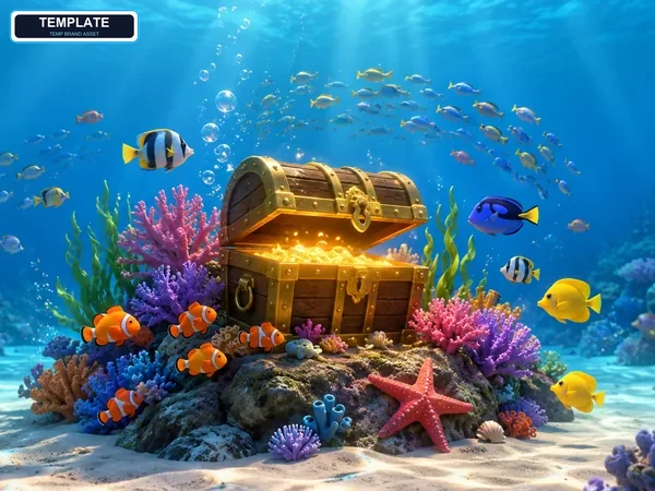 Fishing War results screen with coins and treasure chests scattered across the seabed, next to a round summary and the return-to-lobby button.